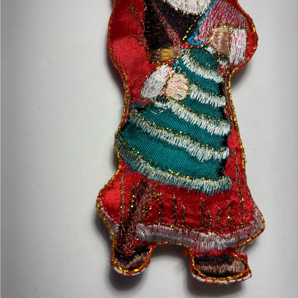 VTG Silk Embroidered Fabric Santa Ornaments Set Of Two Toy Sack Christmas Trees - Picture 10 of 12